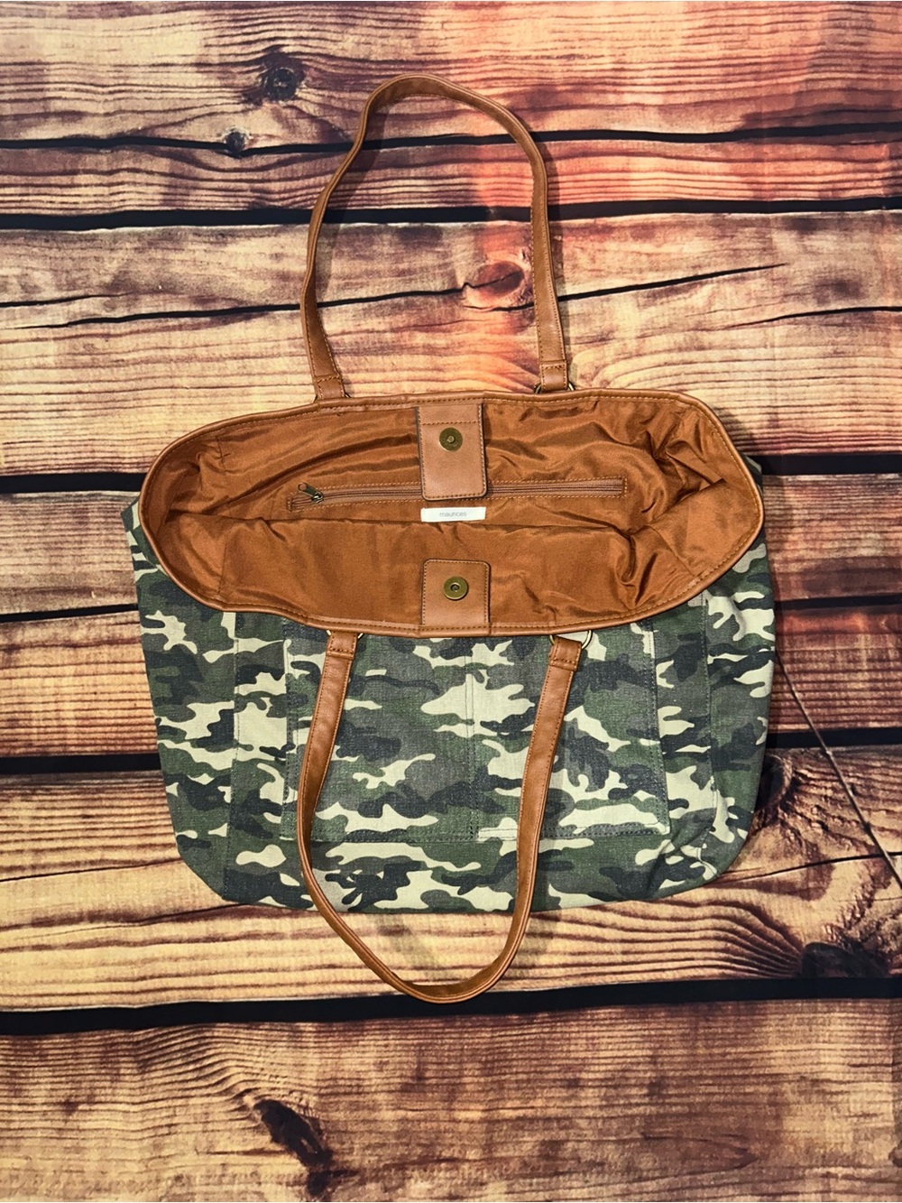 Maurices Camo Canvas Tote with Brown Trim